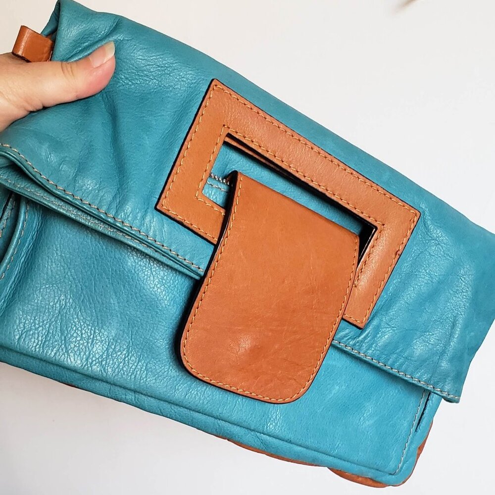 Vintage MODA in ITALIA Convertible 3in1 Leather Clutch Handbag Turquoise Cognac